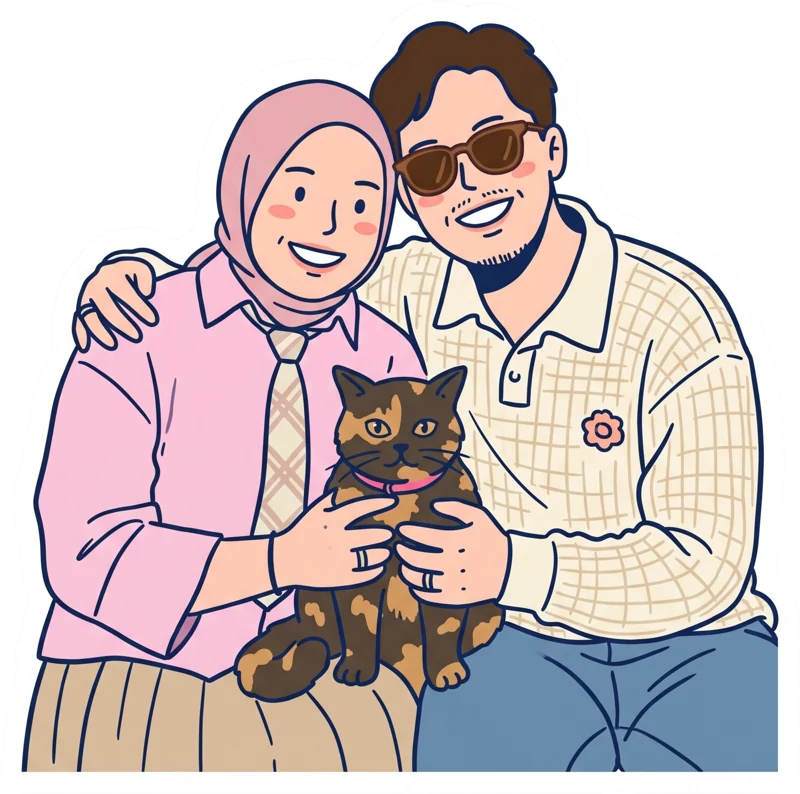Ilustrasi Cippa dan Fahrul bersama kucing mereka
